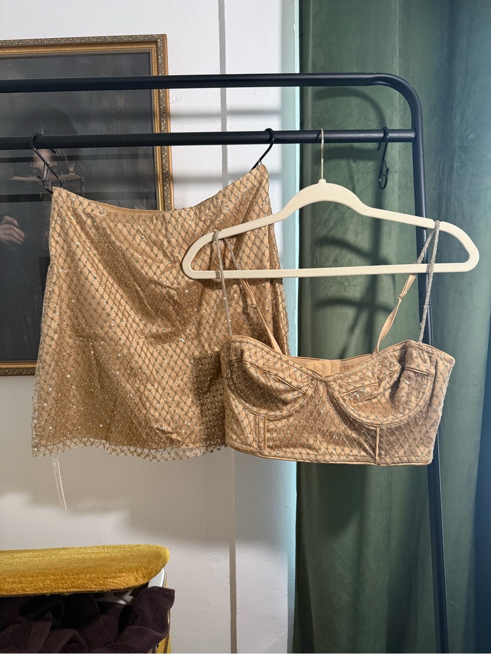 NWTs For Love & Lemons Gold Quilted Lace Bustier and Mini Skirt